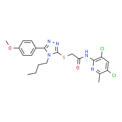 ChemSpider 2D Image | 2-[[4-butyl-5-(4-methoxyphenyl)-1,2,4-triazol-3-yl]sulfanyl]-N-(3,5-dichloro-6-methyl-2-pyridyl)acetamide | C21H23Cl2N5O2S