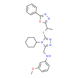 ChemSpider 2D Image | N-[(4-Cyclohexyl-5-{[1-(5-phenyl-1,3,4-oxadiazol-2-yl)ethyl]sulfanyl}-4H-1,2,4-triazol-3-yl)methyl]-3-methoxyaniline | C26H30N6O2S