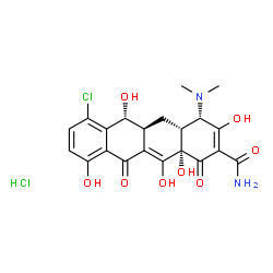 ChemSpider 2D Image | (4S,4aR,5aS,6R,12aS)-7-Chloro-4-(dimethylamino)-3,6,10,12,12a-pentahydroxy-1,11-dioxo-1,4,4a,5,5a,6,11,12a-octahydro-2-tetracenecarboxamide hydrochloride (1:1) | C21H22Cl2N2O8