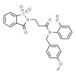 ChemSpider 2D Image | 3-(1,1-Dioxido-3-oxo-1,2-benzothiazol-2(3H)-yl)-N-(2-hydroxyphenyl)-N-(4-methoxybenzyl)propanamide | C24H22N2O6S