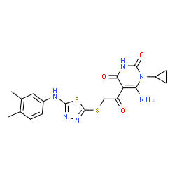 ChemSpider 2D Image | 6-Amino-1-cyclopropyl-5-[({5-[(3,4-dimethylphenyl)amino]-1,3,4-thiadiazol-2-yl}sulfanyl)acetyl]-2,4(1H,3H)-pyrimidinedione | C19H20N6O3S2