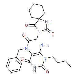 ChemSpider 2D Image | N-(6-Amino-1-butyl-2,4-dioxo-1,2,3,4-tetrahydro-5-pyrimidinyl)-N-benzyl-2-(2,4-dioxo-1,3-diazaspiro[4.5]dec-3-yl)acetamide | C25H32N6O5