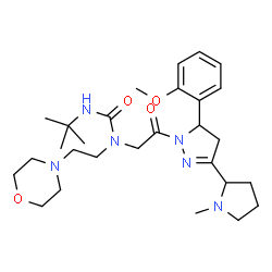 ChemSpider 2D Image | 1-{2-[5-(2-Methoxyphenyl)-3-(1-methyl-2-pyrrolidinyl)-4,5-dihydro-1H-pyrazol-1-yl]-2-oxoethyl}-3-(2-methyl-2-propanyl)-1-[2-(4-morpholinyl)ethyl]urea | C28H44N6O4