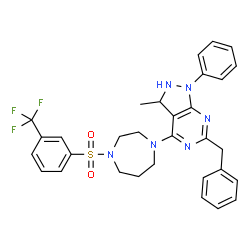 ChemSpider 2D Image | 6-Benzyl-3-methyl-1-phenyl-4-(4-{[3-(trifluoromethyl)phenyl]sulfonyl}-1,4-diazepan-1-yl)-2,3-dihydro-1H-pyrazolo[3,4-d]pyrimidine | C31H31F3N6O2S
