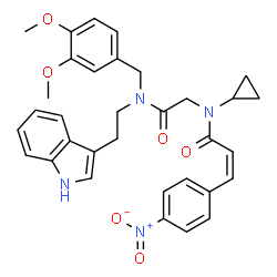 ChemSpider 2D Image | (2Z)-N-Cyclopropyl-N-(2-{(3,4-dimethoxybenzyl)[2-(1H-indol-3-yl)ethyl]amino}-2-oxoethyl)-3-(4-nitrophenyl)acrylamide | C33H34N4O6