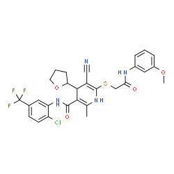 ChemSpider 2D Image | N-[2-Chloro-5-(trifluoromethyl)phenyl]-5-cyano-6-({2-[(3-methoxyphenyl)amino]-2-oxoethyl}sulfanyl)-2-methyl-4-(tetrahydro-2-furanyl)-1,4-dihydro-3-pyridinecarboxamide | C28H26ClF3N4O4S