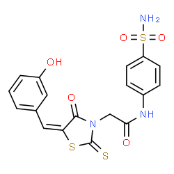 ChemSpider 2D Image | 2-[(5E)-5-(3-Hydroxybenzylidene)-4-oxo-2-thioxo-1,3-thiazolidin-3-yl]-N-(4-sulfamoylphenyl)acetamide | C18H15N3O5S3