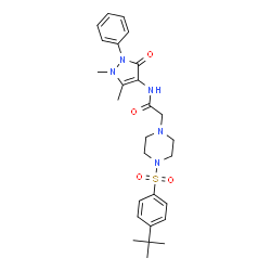 ChemSpider 2D Image | N-(1,5-Dimethyl-3-oxo-2-phenyl-2,3-dihydro-1H-pyrazol-4-yl)-2-(4-{[4-(2-methyl-2-propanyl)phenyl]sulfonyl}-1-piperazinyl)acetamide | C27H35N5O4S
