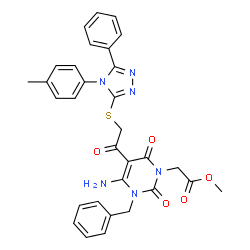 ChemSpider 2D Image | Methyl [4-amino-3-benzyl-5-({[4-(4-methylphenyl)-5-phenyl-4H-1,2,4-triazol-3-yl]sulfanyl}acetyl)-2,6-dioxo-3,6-dihydro-1(2H)-pyrimidinyl]acetate | C31H28N6O5S