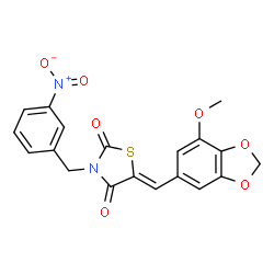 ChemSpider 2D Image | (5Z)-5-[(7-Methoxy-1,3-benzodioxol-5-yl)methylene]-3-(3-nitrobenzyl)-1,3-thiazolidine-2,4-dione | C19H14N2O7S