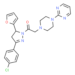 ChemSpider 2D Image | 1-[3-(4-Chlorophenyl)-5-(2-furyl)-4,5-dihydro-1H-pyrazol-1-yl]-2-[4-(2-pyrimidinyl)-1-piperazinyl]ethanone | C23H23ClN6O2