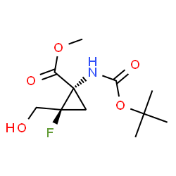 ChemSpider 2D Image | Methyl (1S,2R)-2-fluoro-2-(hydroxymethyl)-1-({[(2-methyl-2-propanyl)oxy]carbonyl}amino)cyclopropanecarboxylate | C11H18FNO5