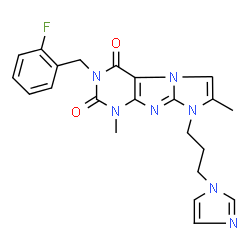 ChemSpider 2D Image | 3-(2-Fluorobenzyl)-8-[3-(1H-imidazol-1-yl)propyl]-1,7-dimethyl-1H-imidazo[2,1-f]purine-2,4(3H,8H)-dione | C22H22FN7O2