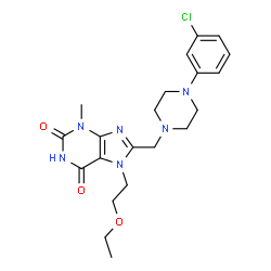 ChemSpider 2D Image | 8-{[4-(3-Chlorophenyl)-1-piperazinyl]methyl}-7-(2-ethoxyethyl)-3-methyl-3,7-dihydro-1H-purine-2,6-dione | C21H27ClN6O3