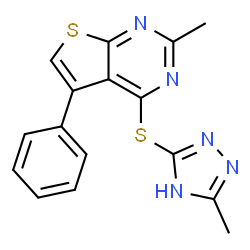 ChemSpider 2D Image | 2-Methyl-4-[(3-methyl-1H-1,2,4-triazol-5-yl)sulfanyl]-5-phenylthieno[2,3-d]pyrimidine | C16H13N5S2