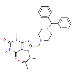 ChemSpider 2D Image | 8-{[4-(Diphenylmethyl)-1-piperazinyl]methyl}-1,3-dimethyl-7-(3-oxo-2-butanyl)-3,7-dihydro-1H-purine-2,6-dione | C29H34N6O3