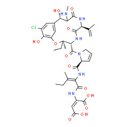 ChemSpider 2D Image | (2E)-2-{[(2E)-2-({[(2S)-1-{[(3R,4S,7S,11S)-14-Chloro-3-ethyl-11,15-dihydroxy-7-isopropenyl-3-methyl-10-(methylamino)-6,9-dioxo-2-oxa-5,8-diazabicyclo[10.3.1]hexadeca-1(16),12,14-trien-4-yl]carbonyl}-2
,5-dihydro-1H-pyrrol-2-yl]carbonyl}amino)-3-methyl-2-pentenoyl]amino}-2-butenedioic acid | C36H45ClN6O12