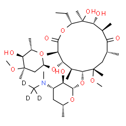 ChemSpider 2D Image | (3R,4S,5S,6R,7S,9R,11R,12R,13S,14R)-14-Ethyl-12,13-dihydroxy-4-{[(2R,4R,5S,6S)-5-hydroxy-4-methoxy-4,6-dimethyltetrahydro-2H-pyran-2-yl]oxy}-6-{[(2S,3R,4S,6R)-3-hydroxy-6-methyl-4-{methyl[(~2~H_3_)met
hyl]amino}tetrahydro-2H-pyran-2-yl]oxy}-7-methoxy-3,5,7,9,11,13-hexamethyloxacyclotetradecane-2,10-dione (non-preferred name) | C38H66D3NO13