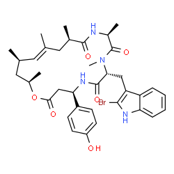 ChemSpider 2D Image | (4R,7R,10S,13R,15E,17R,19R)-7-[(2-Bromo-1H-indol-3-yl)methyl]-4-(4-hydroxyphenyl)-8,10,13,15,17,19-hexamethyl-1-oxa-5,8,11-triazacyclononadec-15-ene-2,6,9,12-tetrone | C36H45BrN4O6