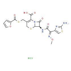 ChemSpider 2D Image | (7R)-7-{[(2E)-2-(2-Amino-1,3-thiazol-4-yl)-2-(methoxyimino)acetyl]amino}-3-[(2-furoylsulfanyl)methyl]-8-oxo-5-thia-1-azabicyclo[4.2.0]oct-2-ene-2-carboxylic acid hydrochloride (1:1) | C19H18ClN5O7S3