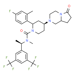 ChemSpider 2D Image | (4S)-N-{(1R)-1-[3,5-Bis(trifluoromethyl)phenyl]ethyl}-2-(4-fluoro-2-methylphenyl)-N-methyl-4-(6-oxohexahydropyrrolo[1,2-a]pyrazin-2(1H)-yl)-1-piperidinecarboxamide | C31H35F7N4O2