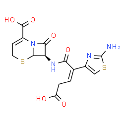 ChemSpider 2D Image | (7R)-7-{[(2Z)-2-(2-Amino-1,3-thiazol-4-yl)-4-carboxy-2-butenoyl]amino}-8-oxo-5-thia-1-azabicyclo[4.2.0]oct-2-ene-2-carboxylic acid | C15H14N4O6S2