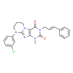 ChemSpider 2D Image | 9-(3-Chlorophenyl)-1-methyl-3-[(2E)-3-phenyl-2-propen-1-yl]-6,7,8,9-tetrahydropyrimido[2,1-f]purine-2,4(1H,3H)-dione | C24H22ClN5O2