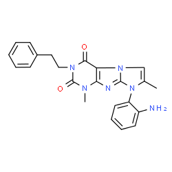 ChemSpider 2D Image | 8-(2-Aminophenyl)-1,7-dimethyl-3-(2-phenylethyl)-1H-imidazo[2,1-f]purine-2,4(3H,8H)-dione | C23H22N6O2
