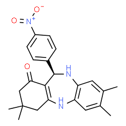 ChemSpider 2D Image | (11R)-3,3,7,8-Tetramethyl-11-(4-nitrophenyl)-2,3,4,5,10,11-hexahydro-1H-dibenzo[b,e][1,4]diazepin-1-one | C23H25N3O3