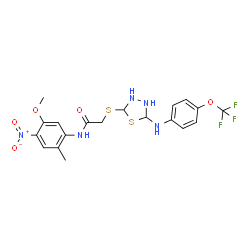 ChemSpider 2D Image | N-(5-Methoxy-2-methyl-4-nitrophenyl)-2-[(5-{[4-(trifluoromethoxy)phenyl]amino}-1,3,4-thiadiazolidin-2-yl)sulfanyl]acetamide | C19H20F3N5O5S2