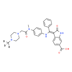 ChemSpider 2D Image | (3E)-3-[{[4-(Methyl{[4-(~2~H_3_)methyl-1-piperazinyl]acetyl}amino)phenyl]amino}(phenyl)methylene]-2-oxo-6-indolinecarboxylic acid | C30H28D3N5O4
