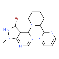 ChemSpider 2D Image | 3-Bromo-1-methyl-4-[2-(2-pyrimidinyl)-1-piperidinyl]-2,3-dihydro-1H-pyrazolo[3,4-d]pyrimidine | C15H18BrN7