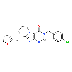 ChemSpider 2D Image | 3-(4-Chlorobenzyl)-9-(2-furylmethyl)-1-methyl-6,7,8,9-tetrahydropyrimido[2,1-f]purine-2,4(1H,3H)-dione | C21H20ClN5O3
