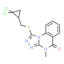 ChemSpider 2D Image | 1-{[(2,2-Dichlorocyclopropyl)methyl]sulfanyl}-4-methyl[1,2,4]triazolo[4,3-a]quinazolin-5(4H)-one | C14H12Cl2N4OS