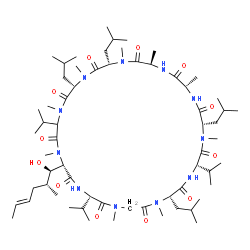 ChemSpider 2D Image | (6S,9S,12R,15S,18S,21S,24S,30S,33S)-33-[(1R,2R,4E)-1-Hydroxy-2-methyl-4-hexen-1-yl]-6,9,18,24-tetraisobutyl-3,21,30-triisopropyl-1,4,7,10,12,15,19,25,28-nonamethyl-1,4,7,10,13,16,19,22,25,28,31-undeca
azacyclotritriacontane-2,5,8,11,14,17,20,23,26,29,32-undecone | C63H113N11O12
