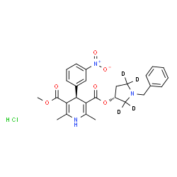 ChemSpider 2D Image | (3R)-1-Benzyl(2,2,5,5-~2~H_4_)-3-pyrrolidinyl methyl (4R)-2,6-dimethyl-4-(3-nitrophenyl)-1,4-dihydro-3,5-pyridinedicarboxylate hydrochloride (1:1) | C27H26D4ClN3O6