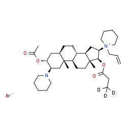 ChemSpider 2D Image | (2alpha,3beta,5beta,8alpha,9beta,10alpha,13alpha,14beta,16alpha,17alpha)-3-Acetoxy-16-(1-allyl-1-piperidiniumyl)-2-(1-piperidinyl)-17-[(3,3,3-~2~H_3_)propanoyloxy]androstane bromide | C37H58D3BrN2O4
