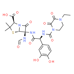 ChemSpider 2D Image | (2R,5S,6S)-6-{[(2S)-2-(3,4-Dihydroxyphenyl)-2-{[(4-ethyl-2,3-dioxo-1-piperazinyl)carbonyl]amino}acetyl]amino}-6-formamido-3,3-dimethyl-7-oxo-4-thia-1-azabicyclo[3.2.0]heptane-2-carboxylic acid | C24H28N6O10S