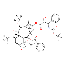 ChemSpider 2D Image | (2beta,3beta,4alpha,5alpha,7alpha,8alpha,10alpha,13beta)-4-Acetoxy-1-hydroxy-13-{[(2R,3S)-2-hydroxy-3-({[(2-methyl-2-propanyl)oxy]carbonyl}amino)-3-phenylpropanoyl]oxy}-7,10-bis[(~2~H_3_)methyloxy]-9-
oxo-5,20-epoxytax-11-en-2-yl benzoate | C45H51D6NO14