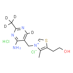 ChemSpider 2D Image | 3-{[4-Amino-2-(~2~H_3_)methyl(~2~H)-5-pyrimidinyl]methyl}-5-(2-hydroxyethyl)-4-methyl-1,3-thiazol-3-ium chloride hydrochloride (1:1:1) | C12H14D4Cl2N4OS