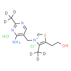 ChemSpider 2D Image | 3-{[4-Amino-2-(~2~H_3_)methyl-5-pyrimidinyl]methyl}-5-(2-hydroxyethyl)-4-(~2~H_3_)methyl-1,3-thiazol-3-ium chloride hydrochloride (1:1:1) | C12H12D6Cl2N4OS