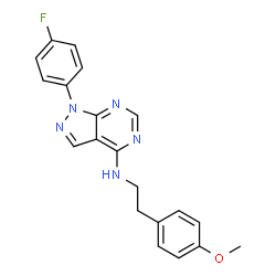 ChemSpider 2D Image | 1-(4-fluorophenyl)-N-[2-(4-methoxyphenyl)ethyl]pyrazolo[3,4-d]pyrimidin-4-amine | C20H18FN5O