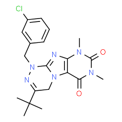 ChemSpider 2D Image | 1-(3-Chlorobenzyl)-7,9-dimethyl-3-(2-methyl-2-propanyl)-1,4-dihydro[1,2,4]triazino[3,4-f]purine-6,8(7H,9H)-dione | C20H23ClN6O2