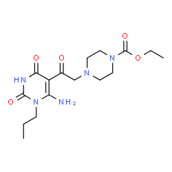 ChemSpider 2D Image | Ethyl 4-[2-(6-amino-2,4-dioxo-1-propyl-1,2,3,4-tetrahydro-5-pyrimidinyl)-2-oxoethyl]-1-piperazinecarboxylate | C16H25N5O5