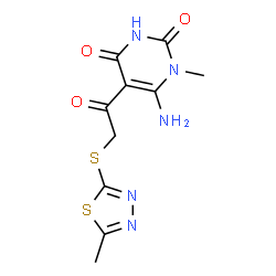 ChemSpider 2D Image | 6-Amino-1-methyl-5-{[(5-methyl-1,3,4-thiadiazol-2-yl)sulfanyl]acetyl}-2,4(1H,3H)-pyrimidinedione | C10H11N5O3S2