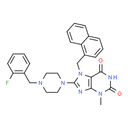 ChemSpider 2D Image | 8-[4-(2-Fluorobenzyl)-1-piperazinyl]-3-methyl-7-(1-naphthylmethyl)-3,7-dihydro-1H-purine-2,6-dione | C28H27FN6O2