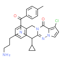 ChemSpider 2D Image | N-(3-Aminopropyl)-N-[(3-benzyl-5-chloro-4-oxo-3,4-dihydropyrrolo[2,1-f][1,2,4]triazin-2-yl)(cyclopropyl)methyl]-4-methylbenzamide | C28H30ClN5O2