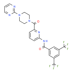 ChemSpider 2D Image | N-(6-{[4-(2-Pyrimidinyl)-1-piperazinyl]carbonyl}-2-pyridinyl)-3,5-bis(trifluoromethyl)benzamide | C23H18F6N6O2