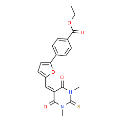 ChemSpider 2D Image | Ethyl 4-{5-[(1,3-dimethyl-4,6-dioxo-2-thioxotetrahydro-5(2H)-pyrimidinylidene)methyl]-2-furyl}benzoate | C20H18N2O5S