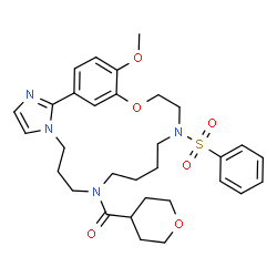 ChemSpider 2D Image | [20-Methoxy-15-(phenylsulfonyl)-18-oxa-3,6,10,15-tetraazatricyclo[17.3.1.0~2,6~]tricosa-1(23),2,4,19,21-pentaen-10-yl](tetrahydro-2H-pyran-4-yl)methanone | C31H40N4O6S